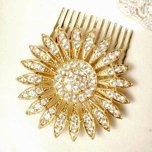 Vintage Art Deco Gold Sunflower Hair Comb/Sash Brooch, Bridal Crystal Rhinestone Round Head Piece Garden Autumn Wedding Sun Flower Headpiece