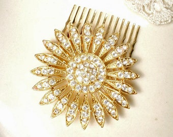 Vintage Art Deco Gold Sunflower Hair Comb/Sash Brooch, Bridal Crystal Rhinestone Round Head Piece Garden Autumn Wedding Sun Flower Headpiece