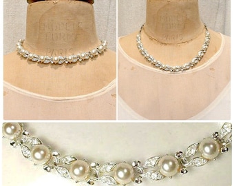 PRISTINE Vintage DESIGNER Art Deco Perle Braut Halskette, Hochzeit Strass Elfenbein Perle Choker, Blattsilber Link Statement 1950er Jahre Lisner