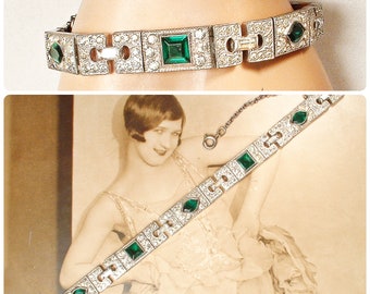 ANTIQUE Art Deco Emerald Green Rhinestone Bracelet, 1920s Paste Bridal, Silver Panel Link 1930s Vintage Wedding Gatsby Flapper Gift ALLCO?