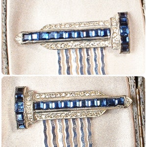 ANTIQUE 1920s Navy Blue Hair Comb 1/Pair, Art Deco Silver Paste Rhinestone Dress Clip Hairpiece Vintage Bridal Wedding Headpiece Gatsby Gift