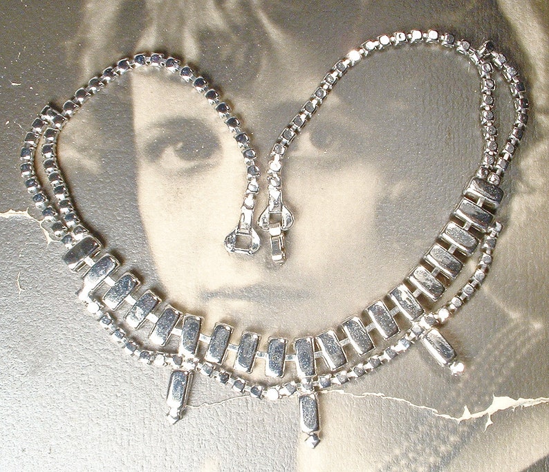 PRISTINE Vintage Old Hollywood Glam Rhinestone Necklace,Silver Clear Baguette Crystal Art Deco Bridal Choker, Gatsby Wedding Tennis WEISS image 9