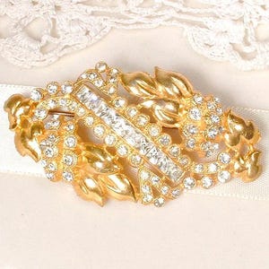 Peineta/broche vintage Art Déco con diamantes de imitación dorados, broche para fajín de vestido de novia/boda de los años 20, tocado de cristal estilo Gatsby Flapper. Regalo perfecto. imagen 7