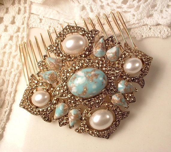 Turquoise Ivory Pearl Gold Bridal Hair Comb & Pin… - image 7