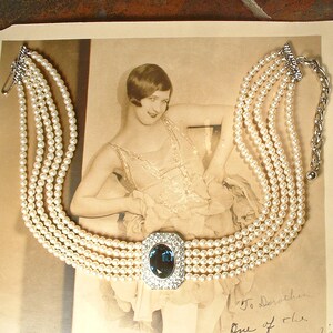 Vintage Sapphire Rhinestone Vanilla White Pearl Choker, Bridal Necklace, Multi 5 Strand Navy Blue Art Deco Designer Princess Diana image 6