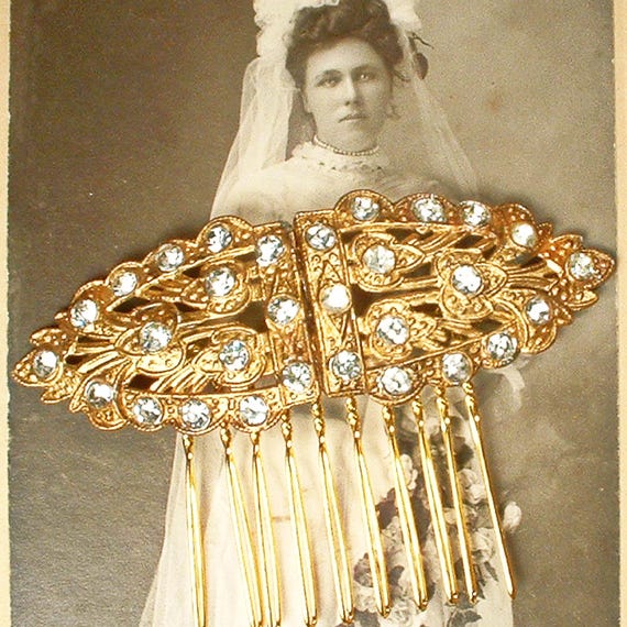 OOAK Antique 1930s Art Deco Gold Hair Comb,large Paste  display picture 2