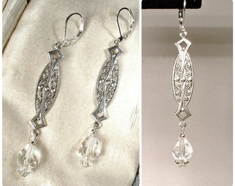 1920s Wedding Art Deco Crystal Dangle Earrings,Antique Silver Long Bridal Drop,Vintage Gatsby Flapper Art Nouveau Rhinestone 1920 Style Gift