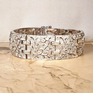 1940s Vintage Art Deco Bracelet, WIDE Rhinestone Silver 1920s Bridal/Wedding 20s Great Gatsby Geometric Crystal Panel Statement Cuff Gift