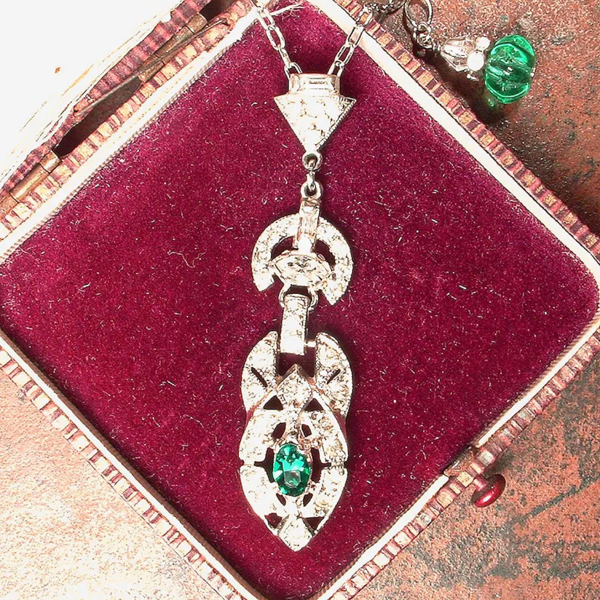 Vintage Art Deco Emerald Green Rhinestone Pendant Necklace,1930s 1920s Wedding/Bridal Paste Silver Gatsby Flapper Something Old Gift Antique