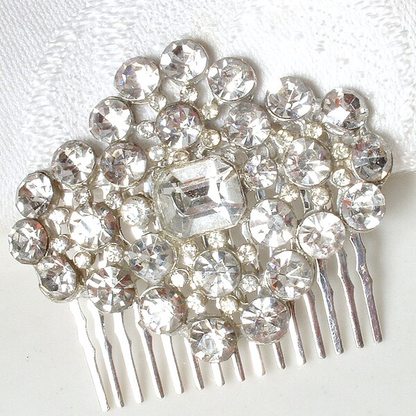 1930s Art Deco Vintage Wedding Bridal Hair Comb, 1920s Small Pave Crystal Rhinestone Brooch to OOAK Hairpiece, Great Gatsby Hairpiece Clip