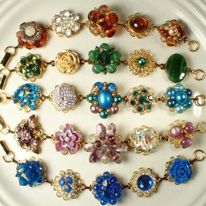 OOAK Vintage Earring Bracelet, Blue, Topaz Brown, Emerald, Purple, Rhinestone Bridesmaid Gift Wedding,Gold Jewel Tones Charm Wide Autumn