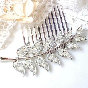 Vintage Bridal Leaf Hairpiece or Sash Brooch, Art Deco Clear Pave Rhinestone Silver Fern Brooch or Hair Comb, Woodland Wedding Grecian 1920s