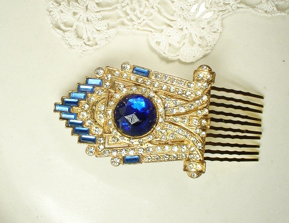 Antique Sapphire Art Deco Hair Comb, Vintage Brid… - image 6