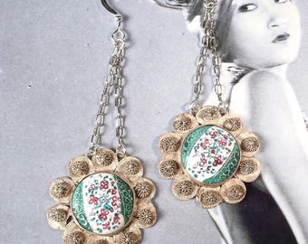 Antique Persian Hand Painted Enamel Dangle Earrings, Boho Bohemian Story Flower Silver Long Green Burgundy Middle Eastern Assemblage Gift