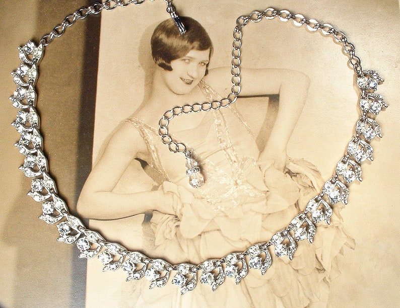 PRISTINE Vintage DESIGNER Art Deco Rhinestone Bridal Necklace,Wedding Paste Crystal Choker,Silver Leaf Link Statement 1940s 1950s Dainty Bib image 1