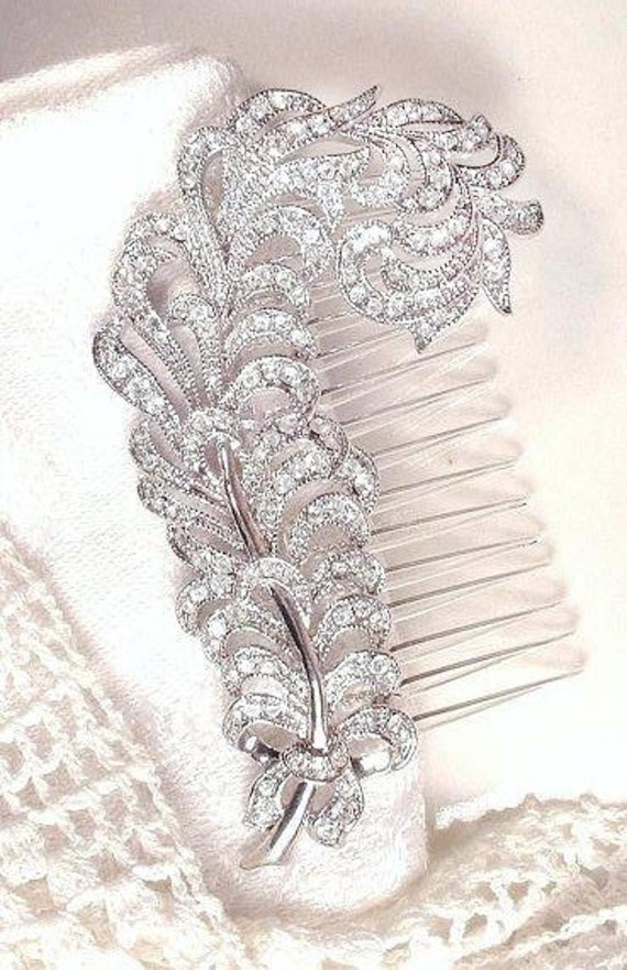 Art Deco KJL Feather Brooch/Hair Comb,Vintage Rhi… - image 4