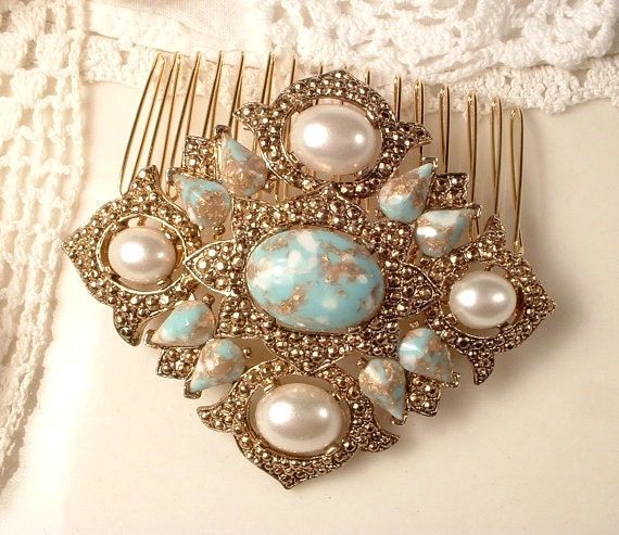 Turquoise Ivory Pearl Gold Bridal Hair Comb & Pin… - image 6