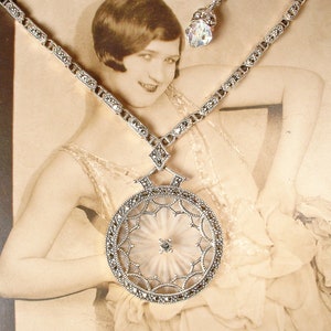 Vintage Camphor Glass Marcasite Pendant Necklace,STeRLiNG SiLVeR Art Deco JUDITH JACK Filigree Rhinestone Bridal 1920s Wedding Gift PRISTINE