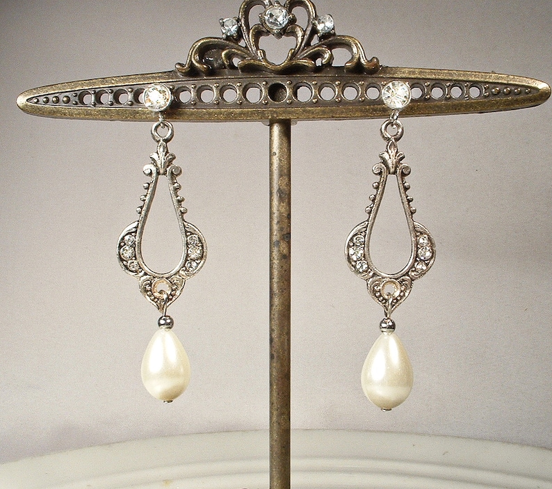 Vintage Art Deco/Nouveau Pearl Bridal Earrings, 1920s Flapper Pave Rhinestone Antique Silver Dangle Ivory Drops, Gatsby Wedding Jewelry image 5