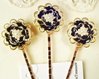 Black Pearl Flower Hair Pins, Gold Enamel Floral Bridal/Bridesmaid Set 3, Jeweled Bobby Hairpins Clips Wedding Headpiece