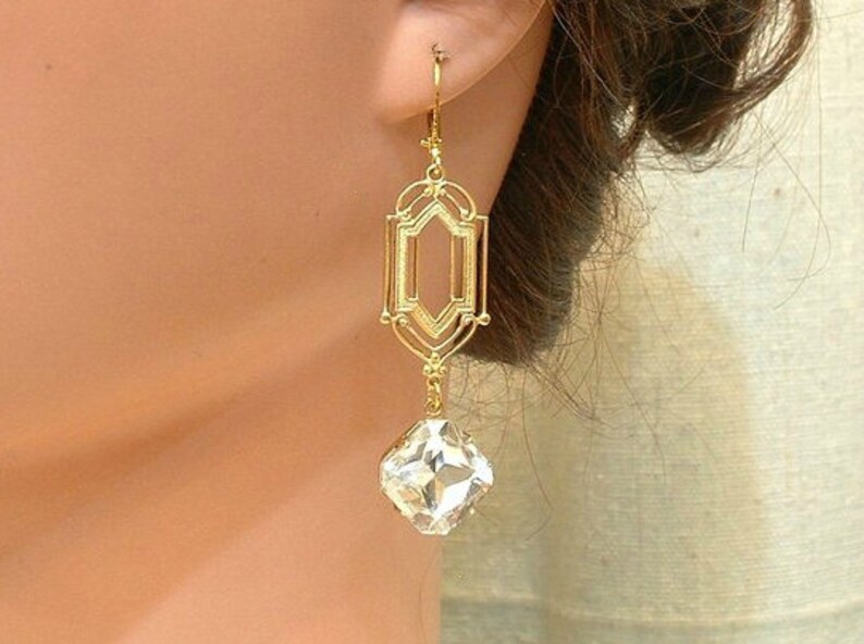 Art Deco Clear Rhinestone Gold Dangle Earrings,Long 1920s Style Bridal, Geometric Flapper Edwardian Gatsby Vintage Wedding Bridesmaid Gift image 6