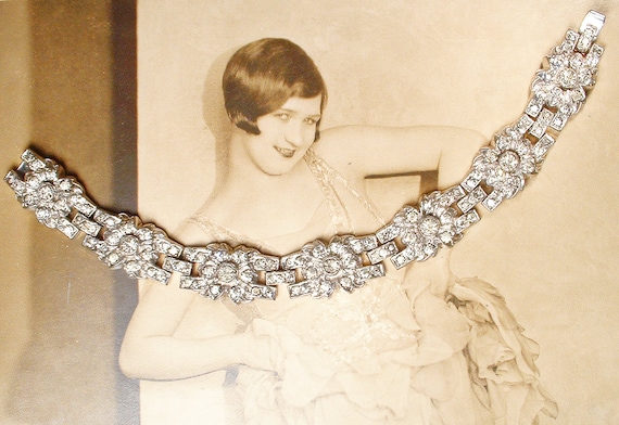 Vintage 1940s Art Deco Bracelet, Princess Cut Rhi… - image 2