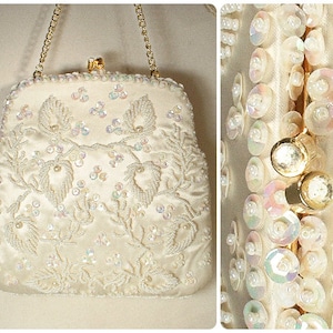 PRiSTiNe WALBORG Ivory Pearl/White Beaded Rhinestone Flapper Purse, Art Deco Gold Bridal Bag, Vintage Glam Wedding Evening Handbag 1950s