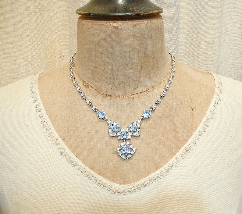 PRISTINE Vintage Ice/Light Blue BOGOFF Rhinestone Necklace/Earring SET,1940s Art Deco Silver Something Old Bridal Wedding Choker Clip On image 6