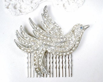 1920s Bird Hair CoMB OR Brooch Antique Art Deco Headpiece Rhinestone Bird Bridal Head Piece, Vintage Large Silver Dove Sash Pin or Hairpiece