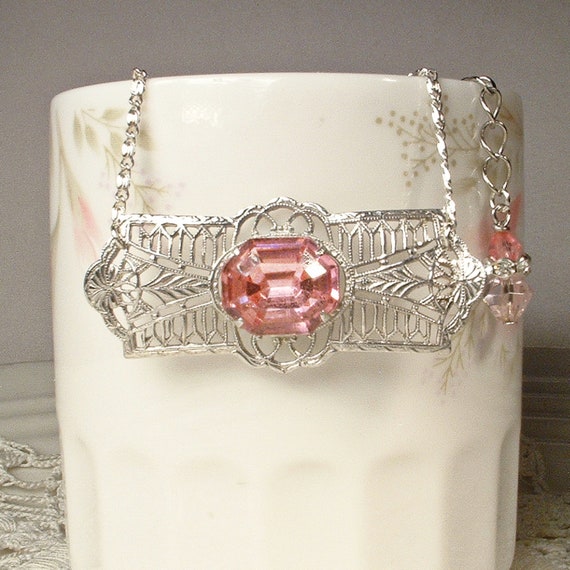 OOAK Antique Pink Crystal Rhinestone Silver Rhodi… - image 6