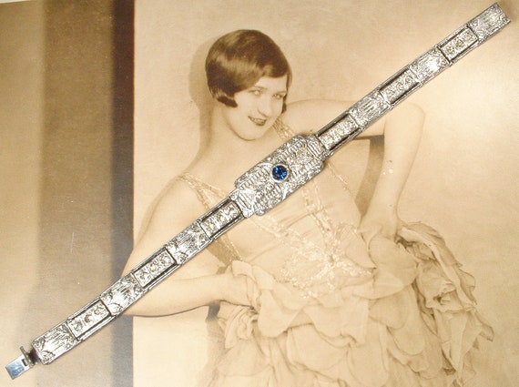 ANTIQUE Art Deco Sapphire Rhinestone Bracelet,Tru… - image 2