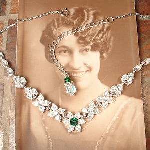 PRiSTiNe 1940s BOGOFF Art Deco Emerald Rhinestone Bridal Necklace,Silver Green Crystal Statement Choker,1920s Vintage Wedding Gatsby Flapper