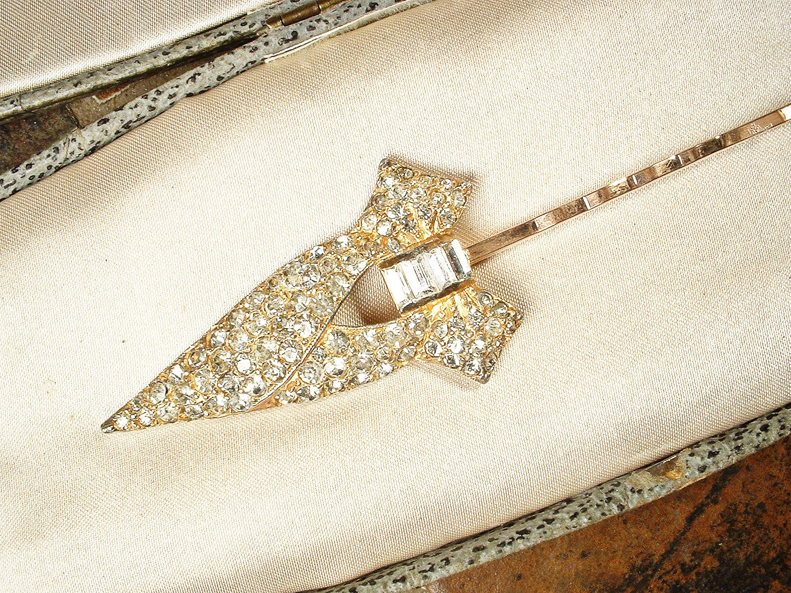 Antique 1930s Art Deco Crystal Rhinestone Hair Pin, Gold