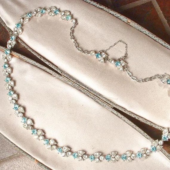 Vintage Aqua Rhinestone Necklace, BOGOFF 1940s Ar… - image 3