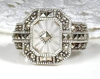 Vintage Marcasite Camphor Glass Ring,JUDITH JACK STeRLiNG SiLVeR Size 5, Geometric Rhinestone 1920s Art Deco/Edwardian, Gatsby Flapper Gift