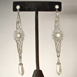 Vintage Art Deco Ivory Pearl Dangle Earrings,Long Silver Filigree Rhinestone Glass Pearl Drop Flapper 1920s Bridal/Wedding Statement Gift image 4