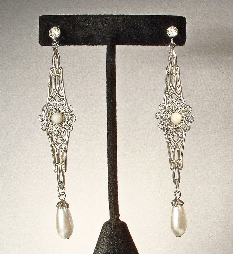 Vintage Art Deco Ivory Pearl Dangle Earrings,Long Silver Filigree Rhinestone Glass Pearl Drop Flapper 1920s Bridal/Wedding Statement Gift image 4