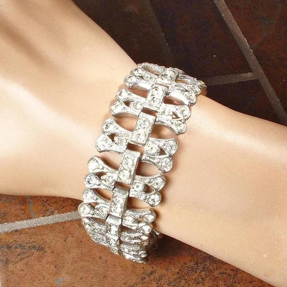 Vintage 1930s Art Deco Bracelet, Silver Rhinestone Wide Flapper