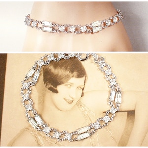 1940s Art Deco Open Back Crystal Rhinestone Flapper Bracelet, Silver Rhodium Plate 1920s Vintage Wedding Bridal Downton Abbey Edwardian 1940