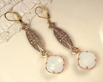 1920s OPAL Antique Gold Art Nouveau/Deco Rhinestone Vintage Dangle Earrings Long White Pinfire Bridal Statement Drop Gatsby Downton Abbey