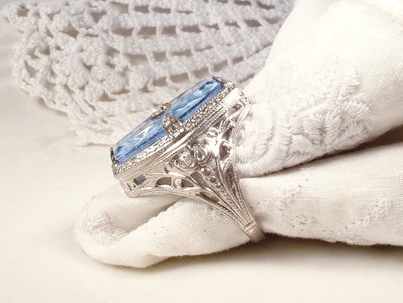 Antique Blue Camphor Glass Ring, 1920s Silver Rho… - image 6