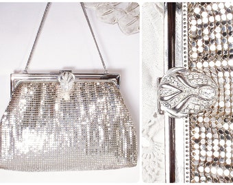 PRISTINE Flapper Purse, Whiting Davis Silver Mesh Rhinestone Art Deco 1920s Vintage Wedding Bridal Evening Bag,Gatsby Handbag 1940s Wristlet