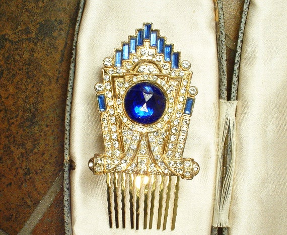 Antique Sapphire Art Deco Hair Comb, Vintage Brid… - image 9