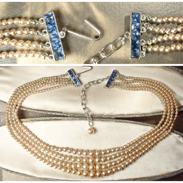 1940er Jahre Vintage Art Deco Champagner Elfenbein Glasperlen Halskette, 1920er Jahre Braut/Hochzeit Multi Viersträngiger abgestufter marineblauer Strassverschluss