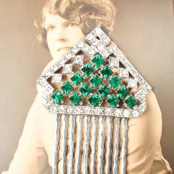 Antique 1920s Emerald Green Bridal Hair Comb, Silver  display picture 2