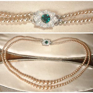 Vintage Champagne Ivory Pearl Double Strand Necklace,Emerald Green Rhinestone 1940s Graduated GLASS Pearl Bridal/Wedding Choker Silver Clasp