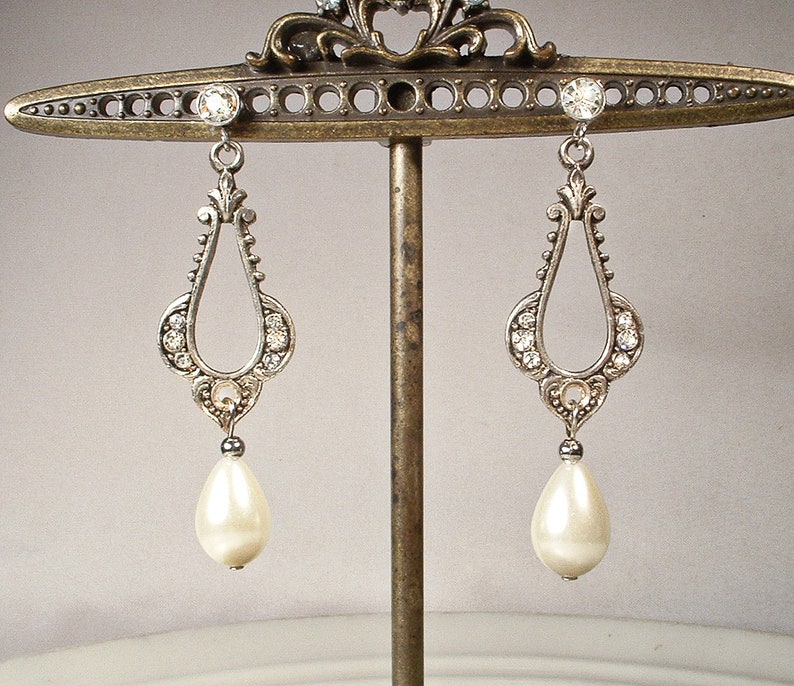 Vintage Art Deco/Nouveau Pearl Bridal Earrings, 1920s Flapper Pave Rhinestone Antique Silver Dangle Ivory Drops, Gatsby Wedding Jewelry image 3