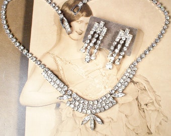 Vintage WEISS Art Deco Strass Braut Choker Halskette Ohrring Set, Silber Kristall Great Gatsby Statement 1950er Jahre Old Hollywood Glam Clip-On