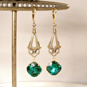 Art Nouveau Emerald Green Dangle Earrings, Art Deco Rhinestone Antique Gold Drop Statement, 1920s Gatsby Bridal Flapper Long Vintage Wedding