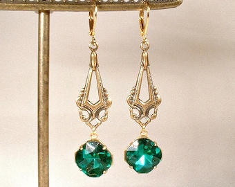 Art Nouveau Emerald Green Dangle Earrings, Art Deco Rhinestone Antique Gold Drop Statement, 1920s Gatsby Bridal Flapper Long Vintage Wedding